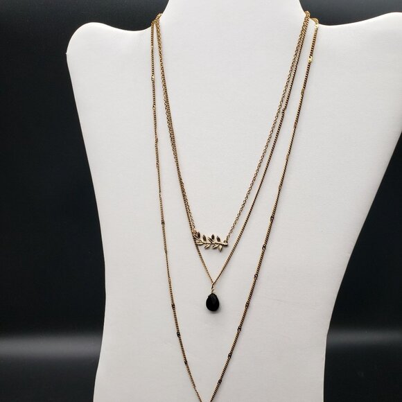 Layered Gold Tone Y-Drop Necklace – Black Teardrop, Leaves & Feather Charms - Picture 2 of 5